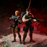 GI Joe Classified Series Vincent R Falcon and Quarrel 6-inch action figures by Hasbro posed on rocky display