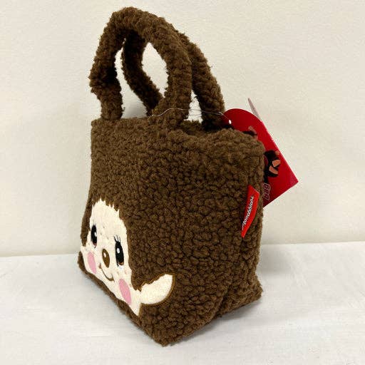 K-Wonderland Monchhichi boa lunch tote bag with plush brown teddy texture and cute character face on front panel