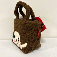 K-Wonderland Monchhichi boa lunch tote bag with plush brown teddy texture and cute character face on front panel