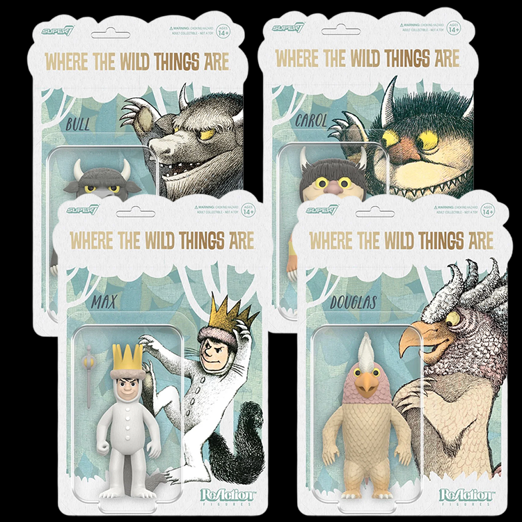 Four Super7 Where The Wild Things Are figures including Max, Bull, Carol, and Douglas in packaging with classic artwork