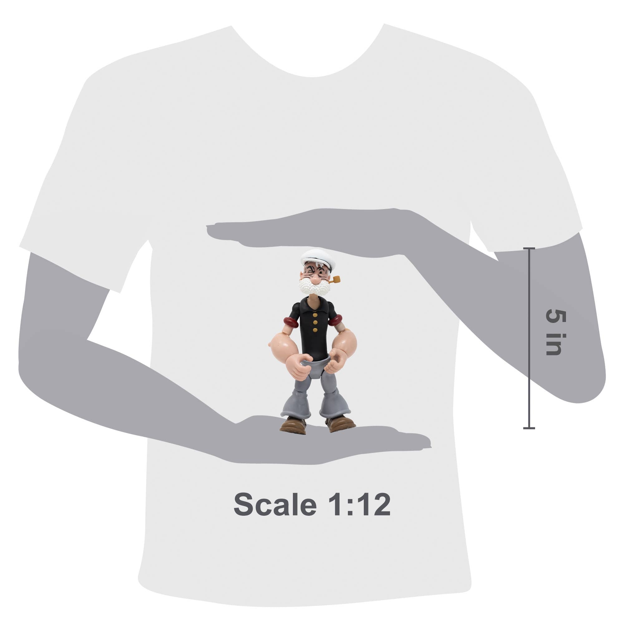 Boss Fight Studio Llc Poopdeck Pappy figure in black shirt, gray pants, sailor hat, and smoking a pipe shown with size scale overlay