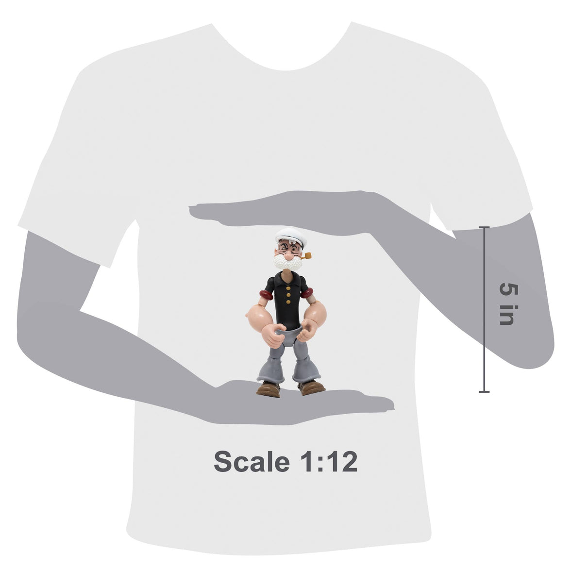 Boss Fight Studio Llc Poopdeck Pappy figure in black shirt, gray pants, sailor hat, and smoking a pipe shown with size scale overlay