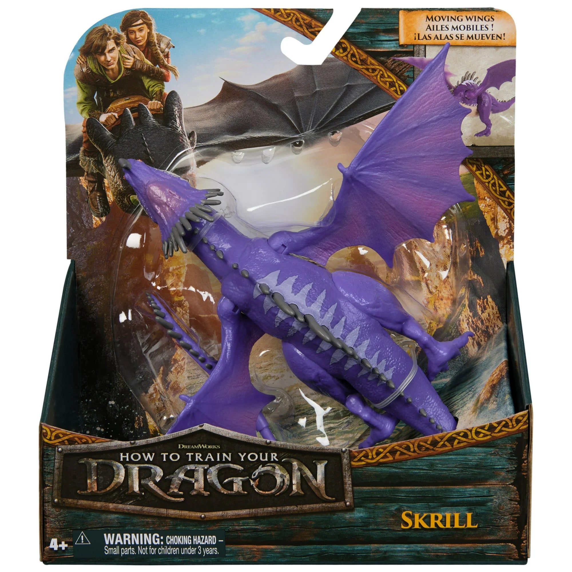 Spin Master How to Train Your Dragon Skrill action figure with movable wings and detailed design in branded packaging.
