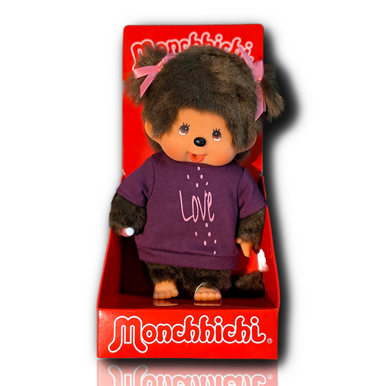 Official Sekiguchi 8-inch Monchhichi Girl doll wearing a red knit LOVE sweater, often searched as a Monchichi valentine plush.