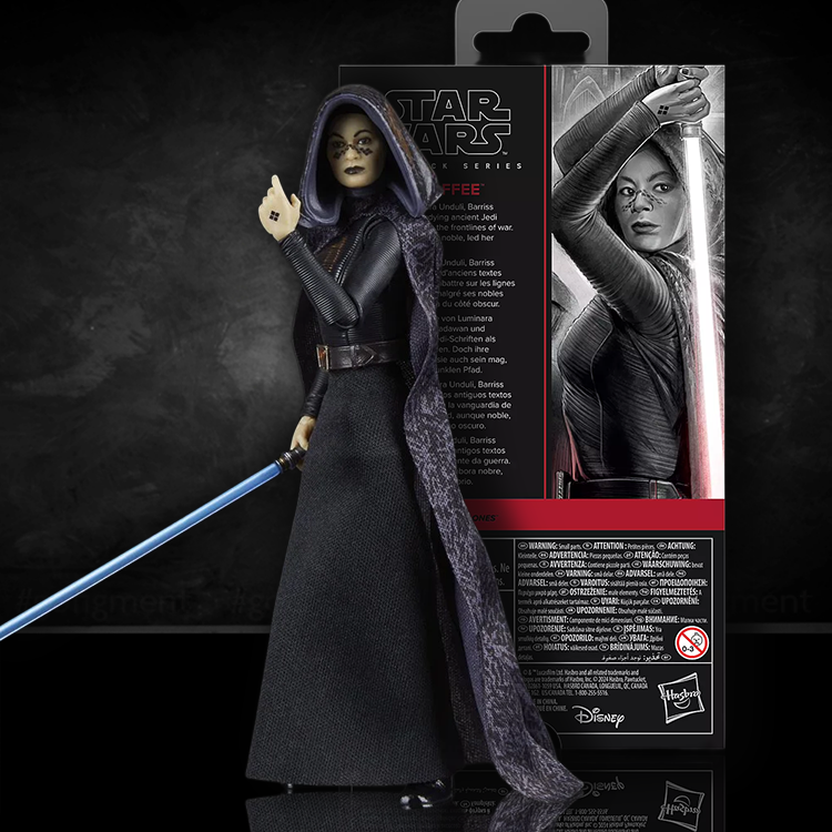 Hasbro Star Wars Black Series Barriss Offee 6 inch action figure with lightsaber in front of packaging
