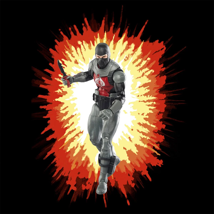 G.I. Joe Classified Series Cobra Eel action figure in gray and red armor posed with knife, Hasbro exclusive background explosion design