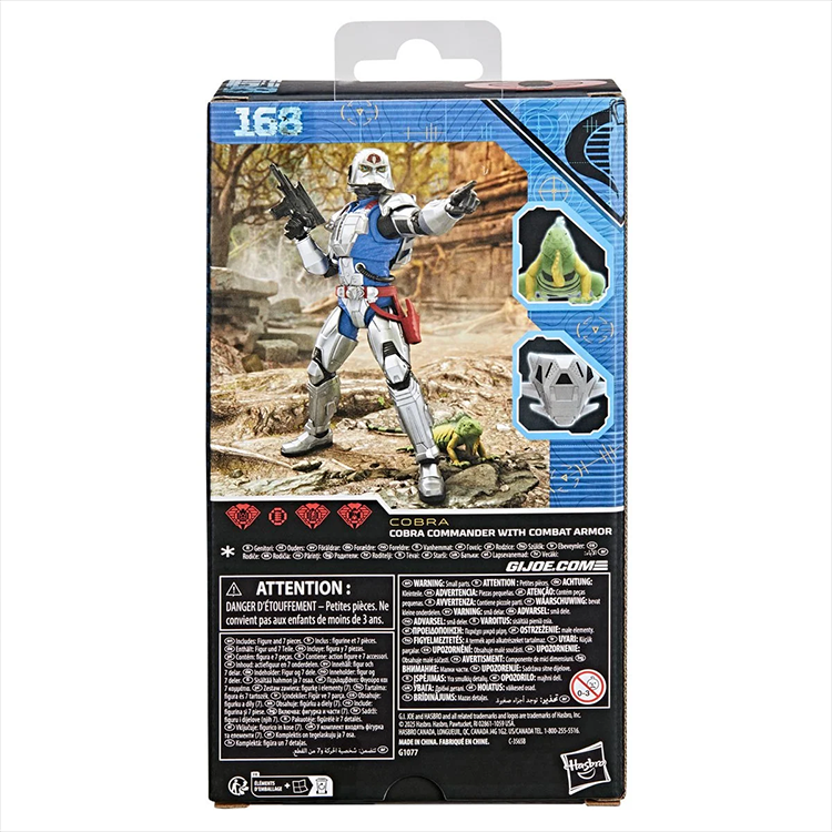G.I. Joe Classified Series Cobra Commander action figure with combat armor, weapons, and serpent iguana accessory in packaging.