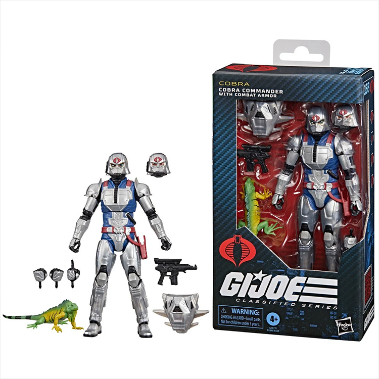 G.I. Joe Classified Series Cobra Commander action figure with combat armor, weapons, alternate heads, and iguana pet in packaging.