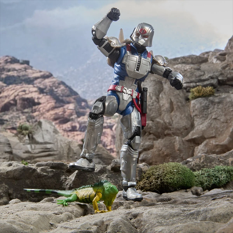 G.I. Joe Classified Series Cobra Commander 6-inch action figure with combat armor and iguana pet on rocky terrain.