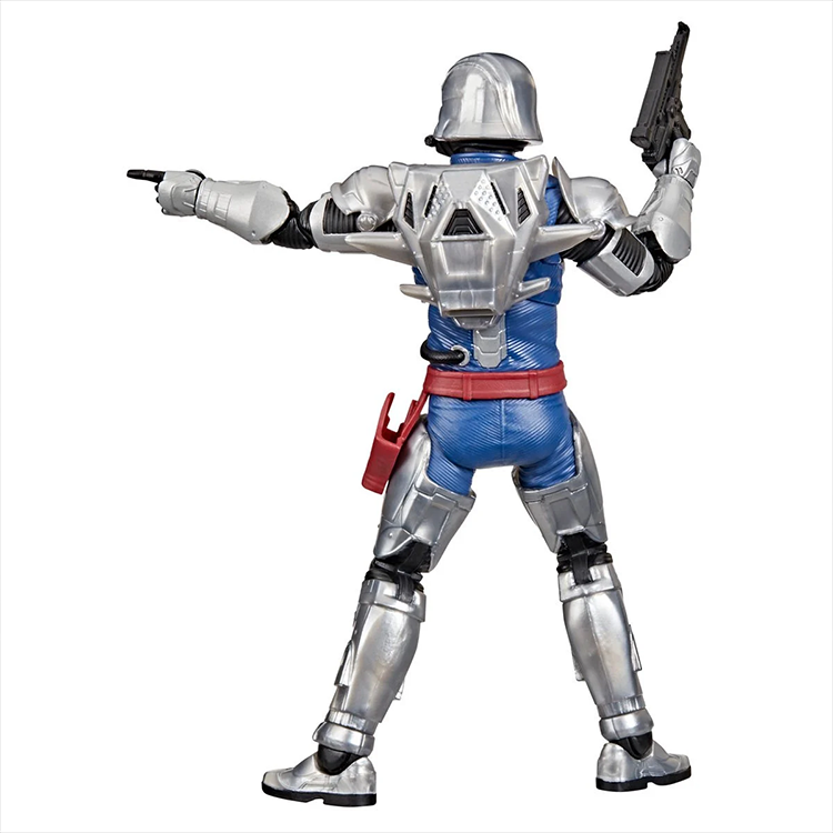 G.I. Joe Cobra Commander action figure in silver combat armor holding a gun and pointing with the other hand