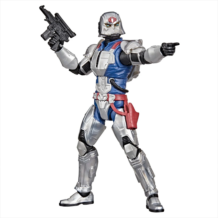 G.I. Joe Classified Series Cobra Commander 6-inch action figure in silver and blue combat armor with weapon and poseable arms.
