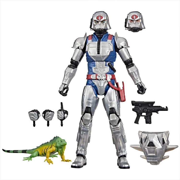 G.I. Joe Cobra Commander action figure with combat armor, multiple accessories, alternate heads, and iguana pet.