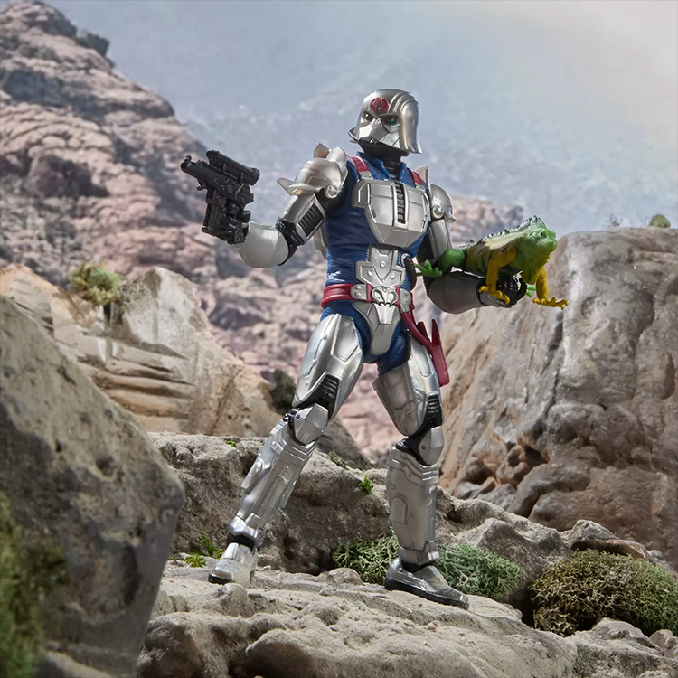 G.I. Joe Classified Series Cobra Commander in detailed combat armor holding pistol and Serpentor iguana figure.