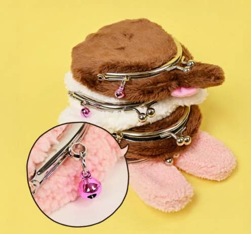 K-Wonderland Monchhichi Chimutan plush coin purse in pink rabbit outfit with snap metal frame and small decorative bell charm