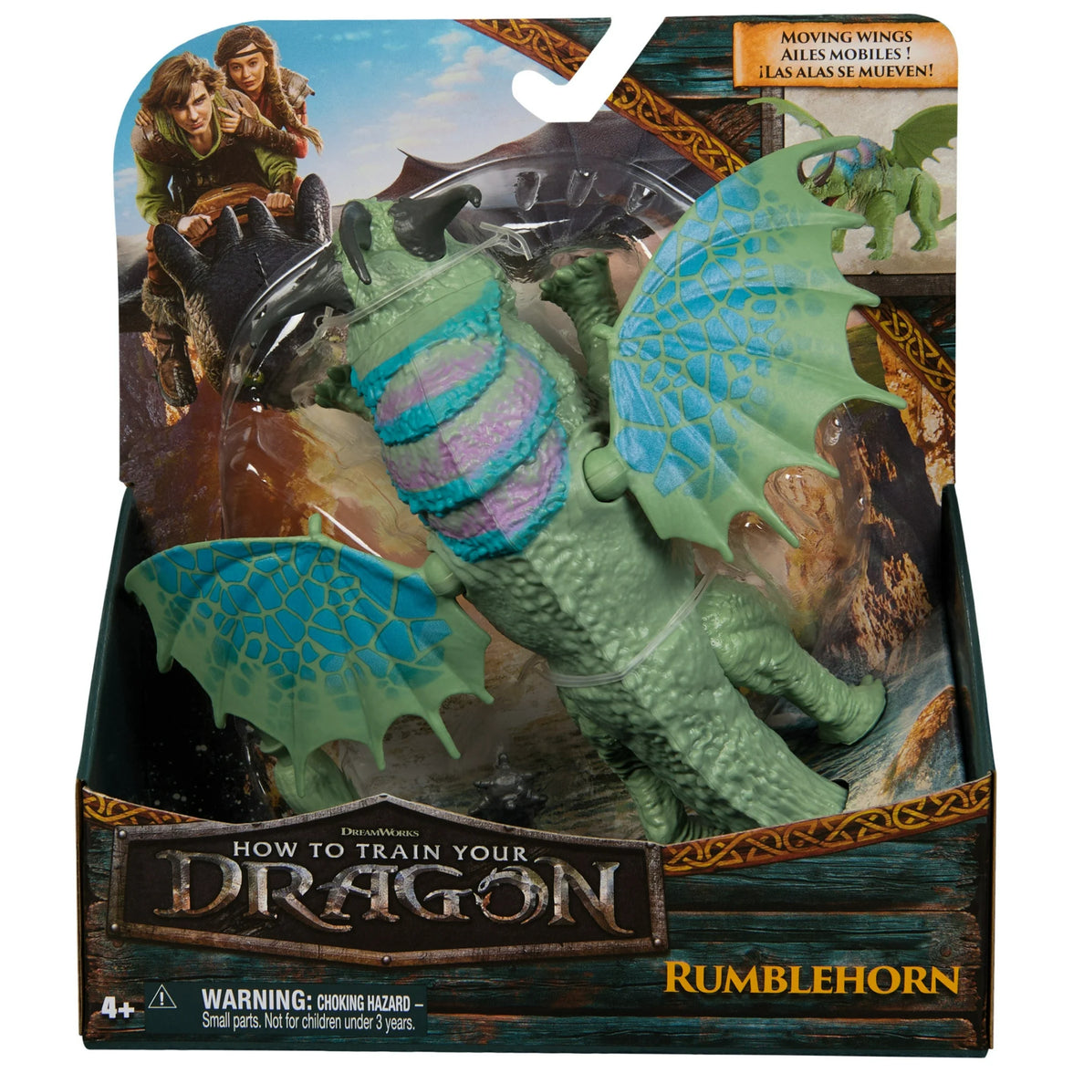 Spin Master How to Train Your Dragon Rumblehorn action figure with movable wings and detailed design in packaging.