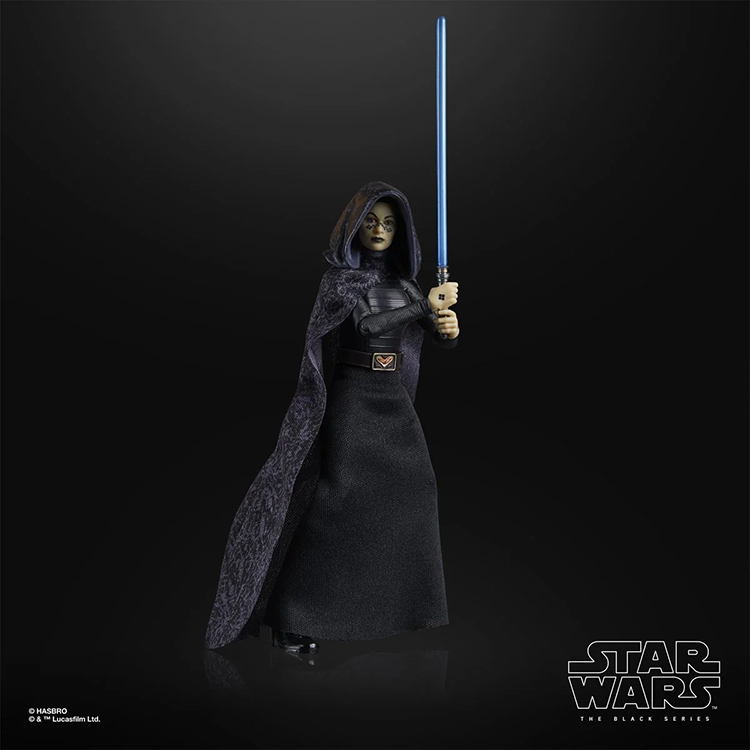 Hasbro Star Wars Black Series Barriss Offee 6-inch action figure with blue lightsaber and detailed cloak on black background