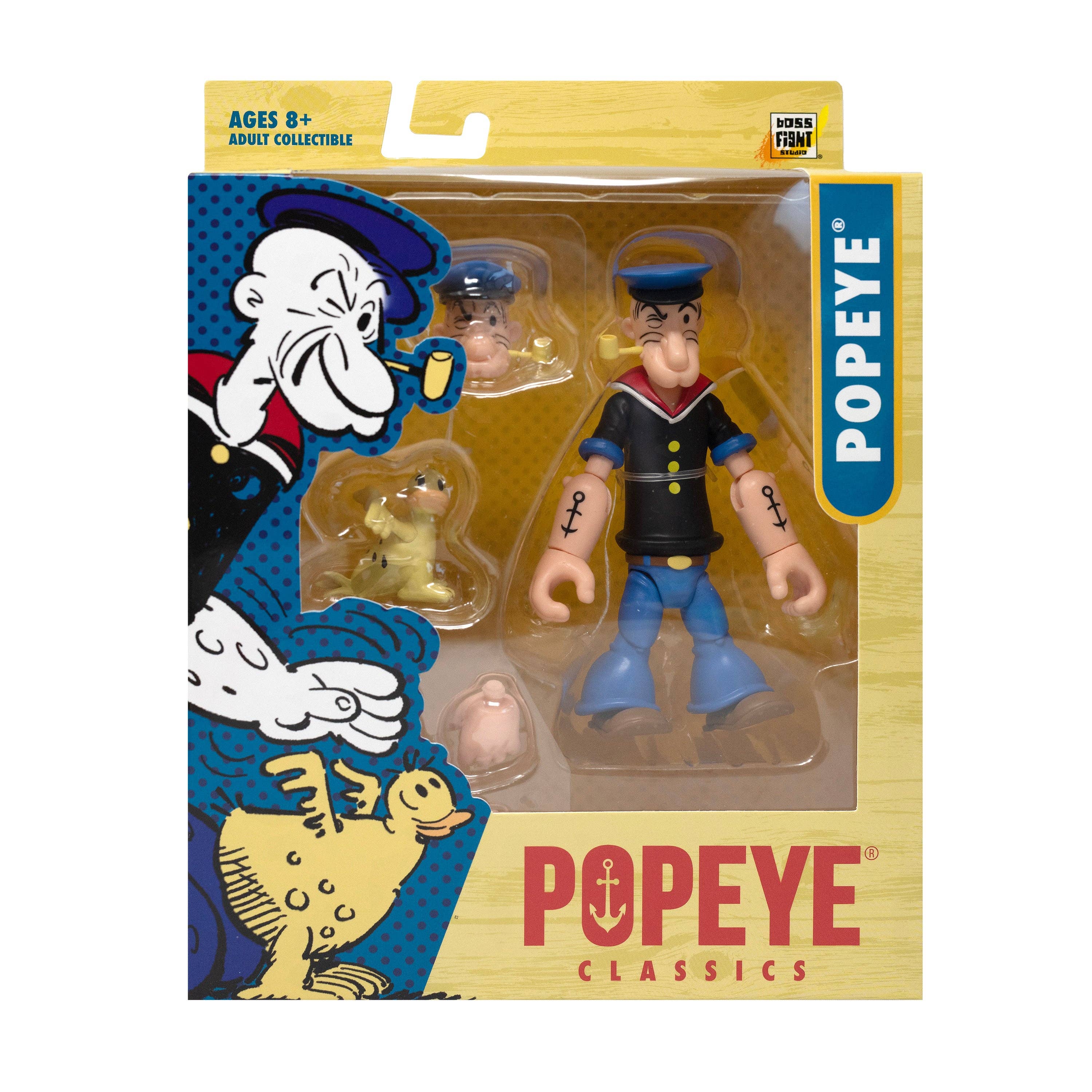 Boss Fight Studio Llc Popeye Classics figure in black shirt, blue pants with extra hands, heads, and dog accessory in packaging