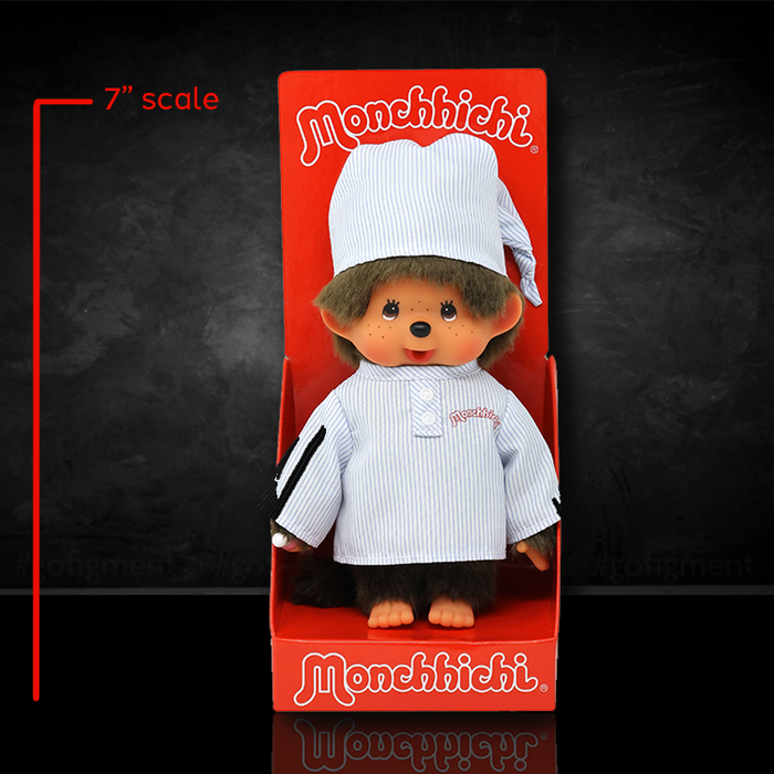 Official Sekiguchi 8-inch Monchhichi Boy doll wearing classic blue pajamas, often searched as a Monchichi pajama plush.
