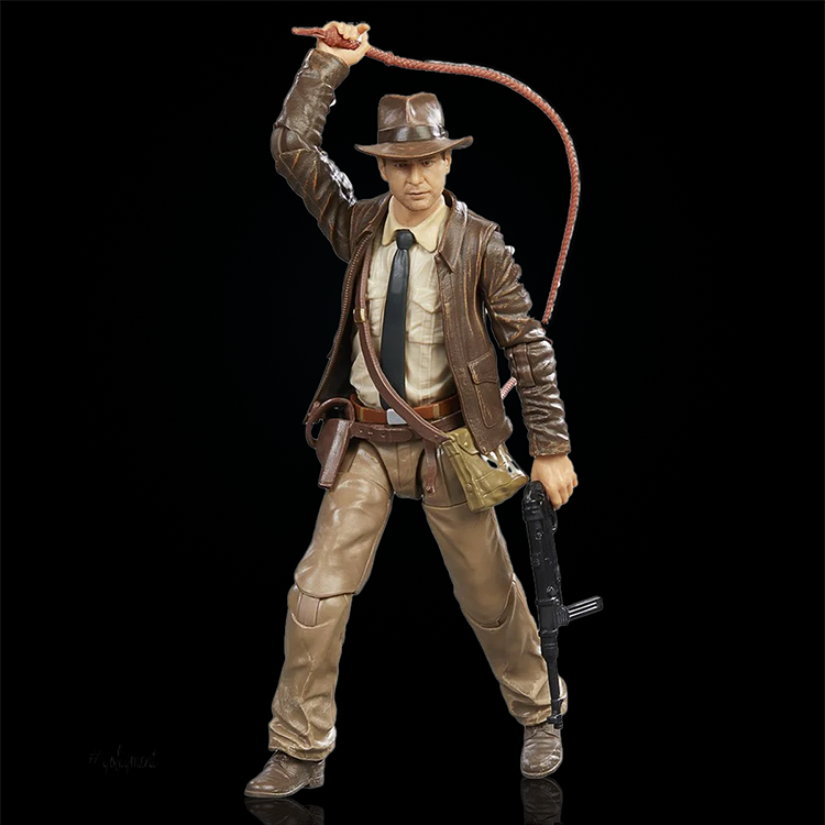 Hasbro Indiana Jones action figure with brown leather jacket, fedora, whip raised, and holding a gun in adventurous pose