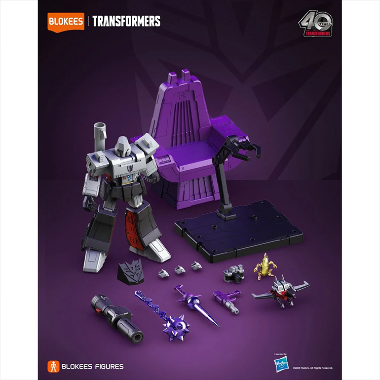 Blokees Transformers G1 Megatron model kit with figure, throne, weapons, and display stand on purple background