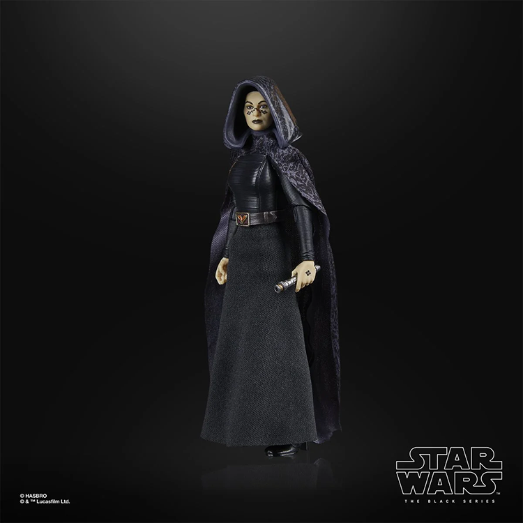 Hasbro Star Wars Black Series Barriss Offee 6 inch action figure with hooded cloak on black background