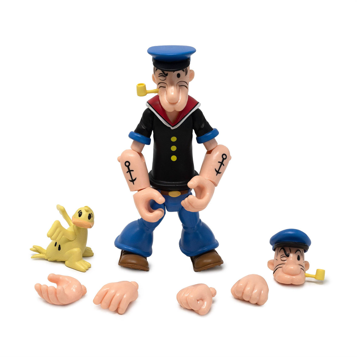 Boss Fight Studio Llc Popeye Classics figure in black shirt, blue pants with pipe, extra hands, heads, and yellow bird accessory