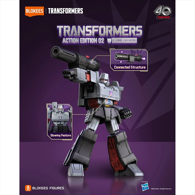 Blokees Transformers Action Edition 02 G1 Megatron figure pose with inset details on glowing feature and connected weapon structure