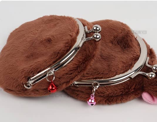 K-Wonderland Monchhichi plush snap coin purses with soft brown fur and metal clasp frames featuring small bell charms