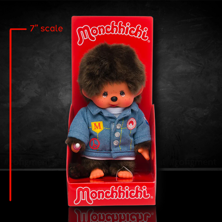 Monchhichi Boy Denim 7" Plush Toy - Classic Collectible Thumb-Sucking Monkey image 0