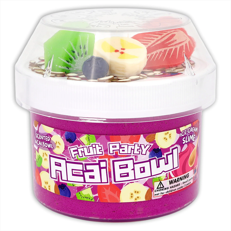 Dope Slimes Acai Bowl Fruit Party scented slime with vibrant magenta color and fruit charms in 8oz container