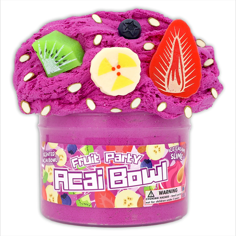 Vibrant magenta Acai Bowl Fruit Party slime with fruit charms by Dope Slimes in an 8oz container, scented and textured.