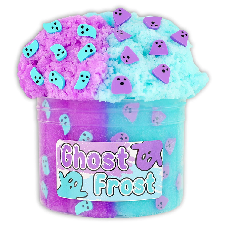 Duo-colored teal and purple Ghost Frost Fruit Punch scented icee slime with ghost charm by Dope Slimes in 8oz size