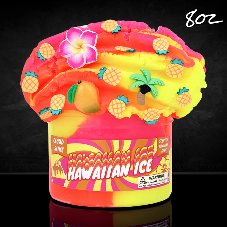 Dope Slimes Hawaiian Ice cloud slime with neon pink, orange, yellow colors and tropical fruit charms and sprinkles