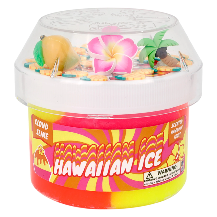 Dope Slimes Hawaiian Ice cloud slime in neon pink, orange, and yellow with tropical charms and fruit scent.