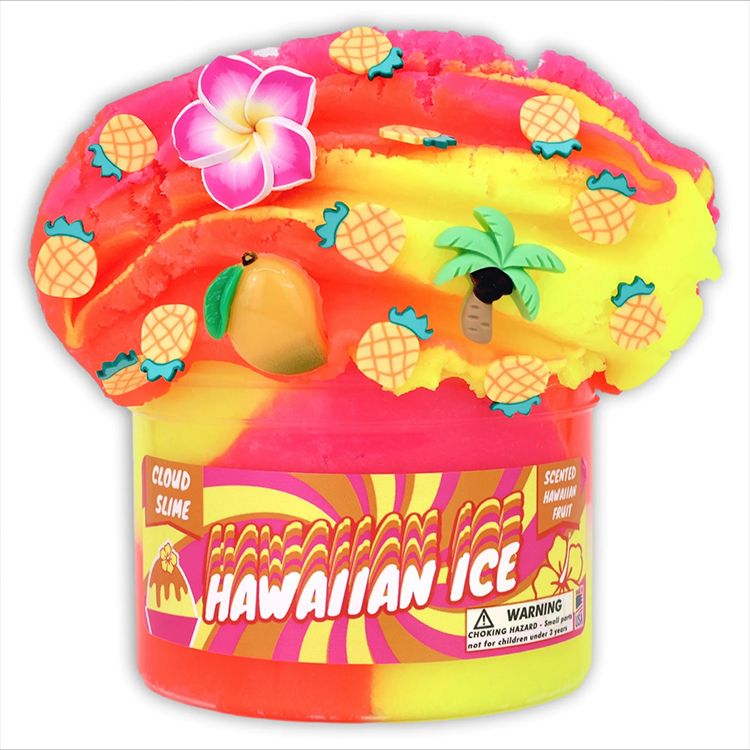 Bright pink, orange, and yellow Hawaiian Ice cloud slime with pineapple sprinkles by Dope Slimes