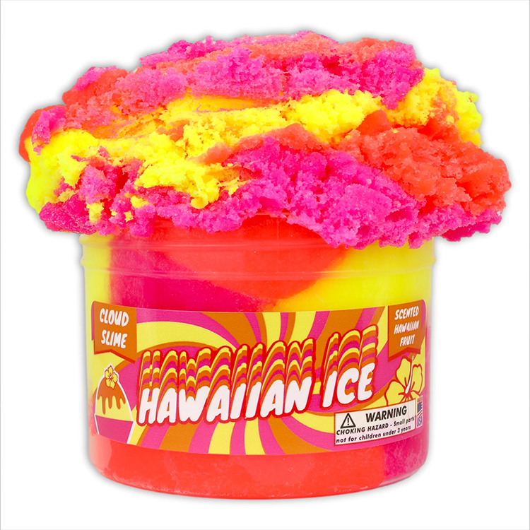 Dope Slimes Hawaiian Ice cloud slime in vibrant pink, orange, and yellow with tropical fruit scent.