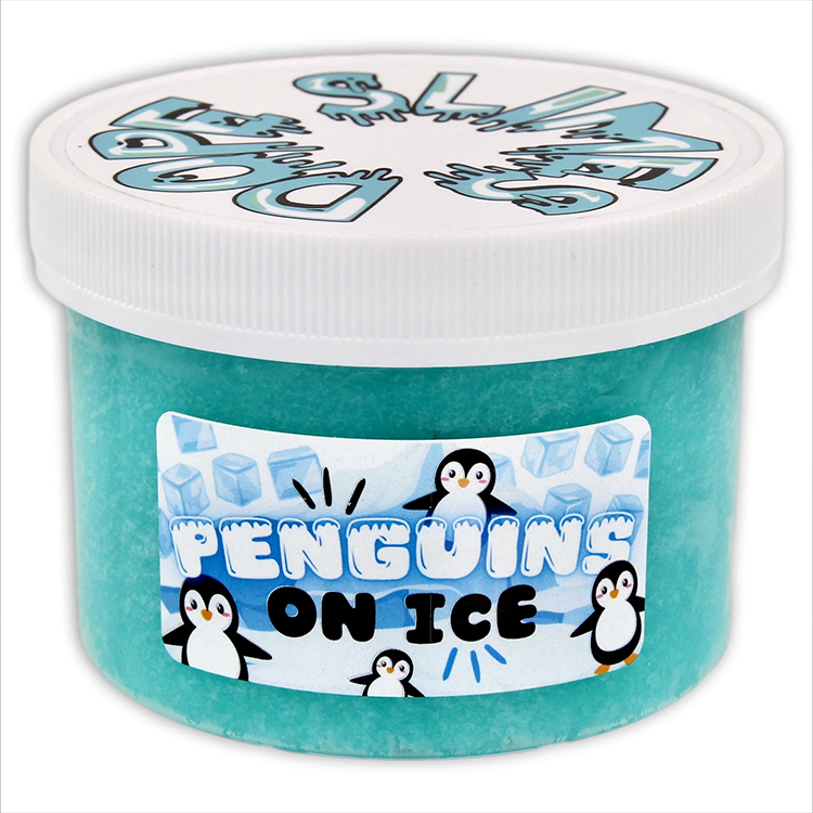 Dope Slimes Penguins on Ice teal icee slime with penguin fimos and ice cube charms in 8oz container