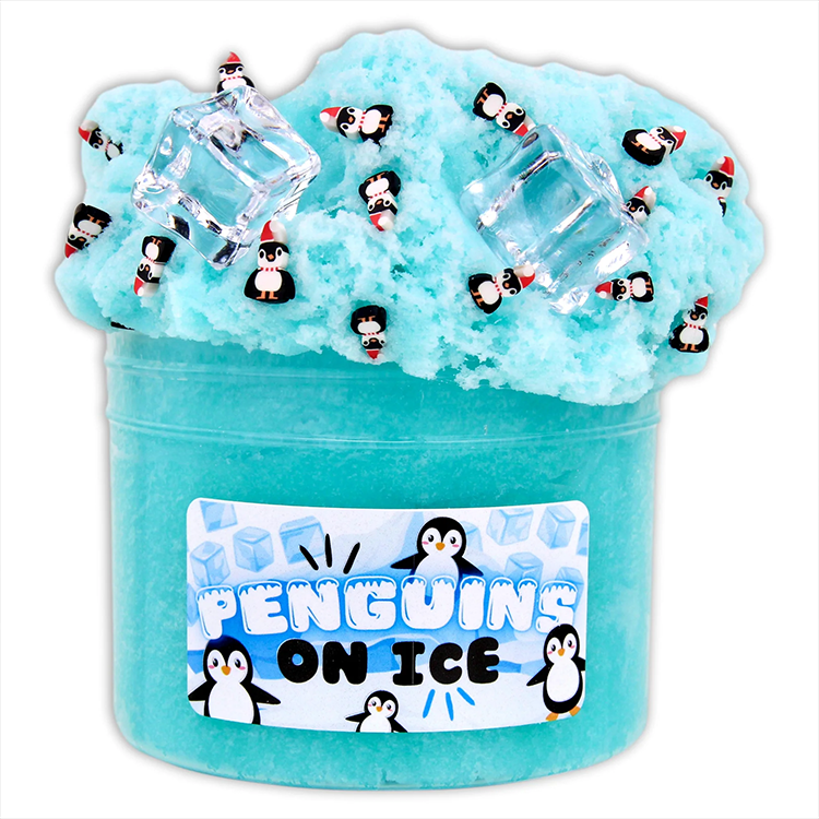 Dope Slimes Penguins on Ice teal icee slime with penguin fimos and clear ice cube charms in 8oz container