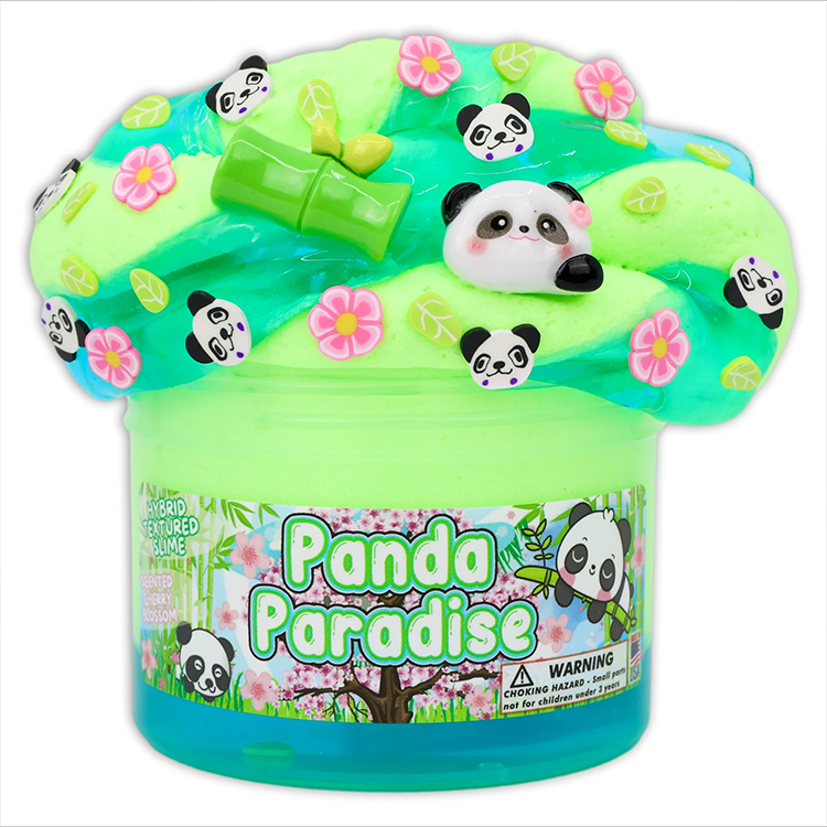 Panda Paradise cherry blossom scented hybrid texture slime with panda charms by Dope Slimes in 8oz container