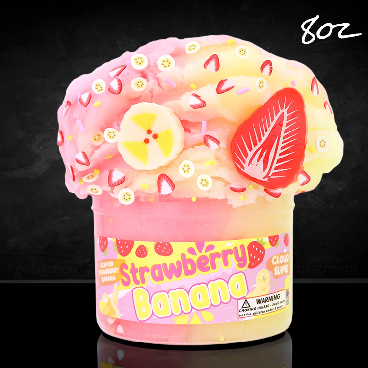 Dope Slimes Strawberry Banana scented cloud slime with fluffy texture, fruit-themed charms, and colorful sprinkles in 8oz container