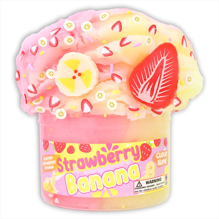 Dope Slimes strawberry banana cloud slime 8oz with fluffy texture, fruit charms, and sprinkles in pink and yellow colors.