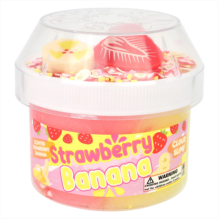 Dope Slimes Strawberry Banana scented cloud slime 8oz with fimos, sprinkles, and fruit charms in a clear container