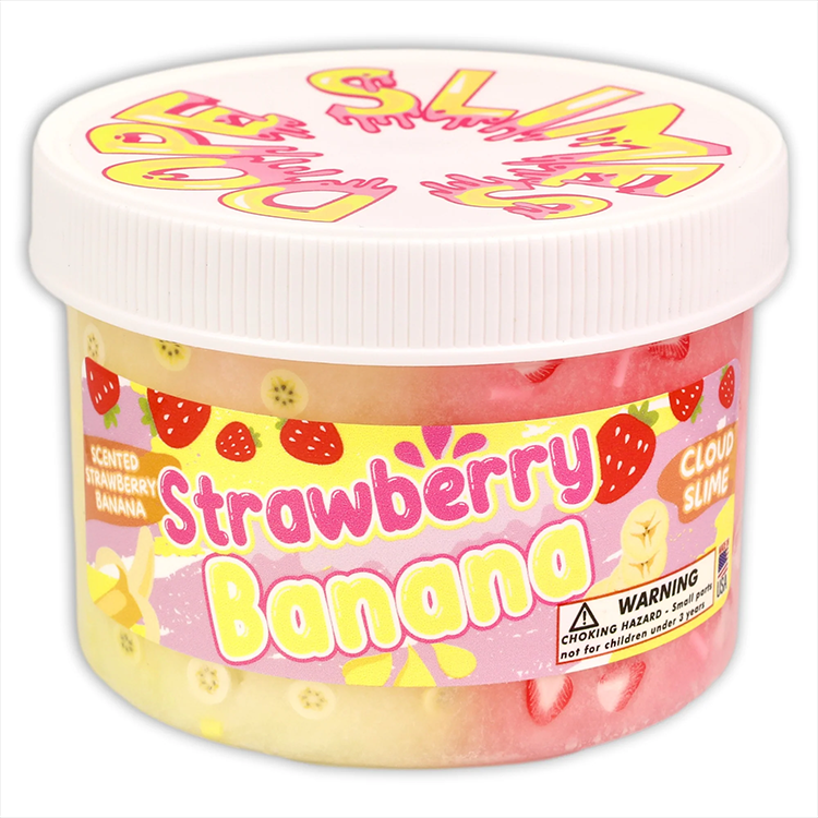 Dope Slimes Strawberry Banana cloud slime in 8oz container with fruity scent and colorful themed decorations