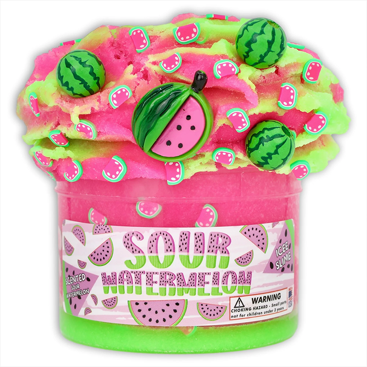 Dope Slimes Sour Watermelon Icee Slime in pink and green with watermelon charms and fluffy texture in 8oz jar