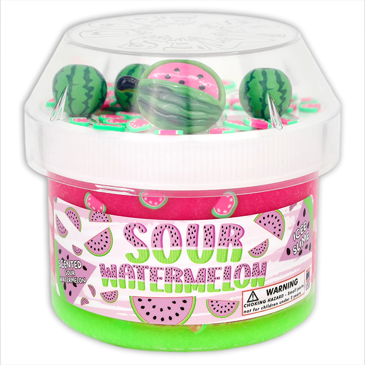 Dope Slimes Sour Watermelon Icee Slime in 8oz jar with watermelon beads and vibrant pink and green colors