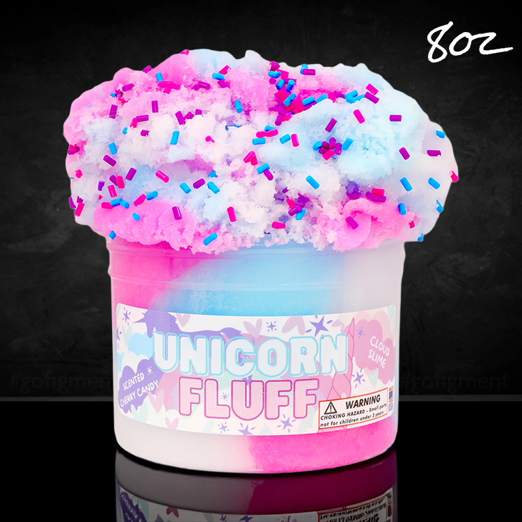 Dope Slimes Unicorn Fluff cherry candy scented cloud slime in pastel pink, blue, and white with colorful sprinkles.