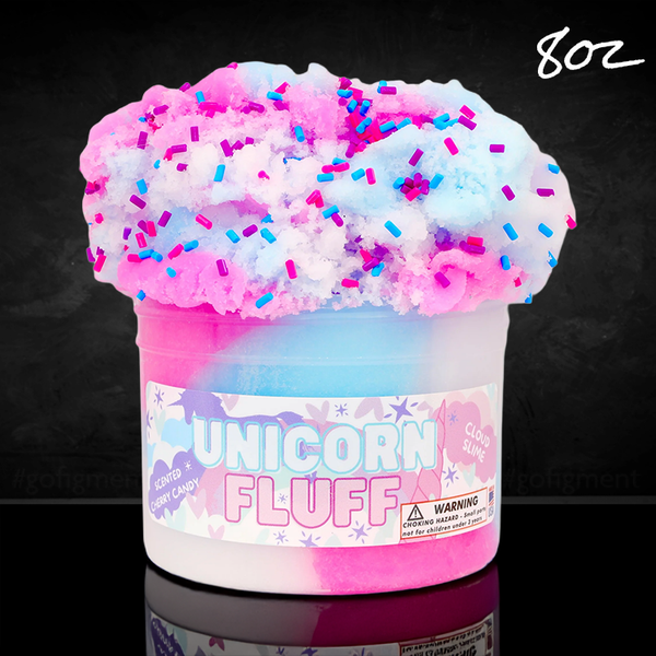 Dope Slimes Unicorn Fluff cherry candy scented cloud slime in pastel pink, blue, and white with colorful sprinkles.
