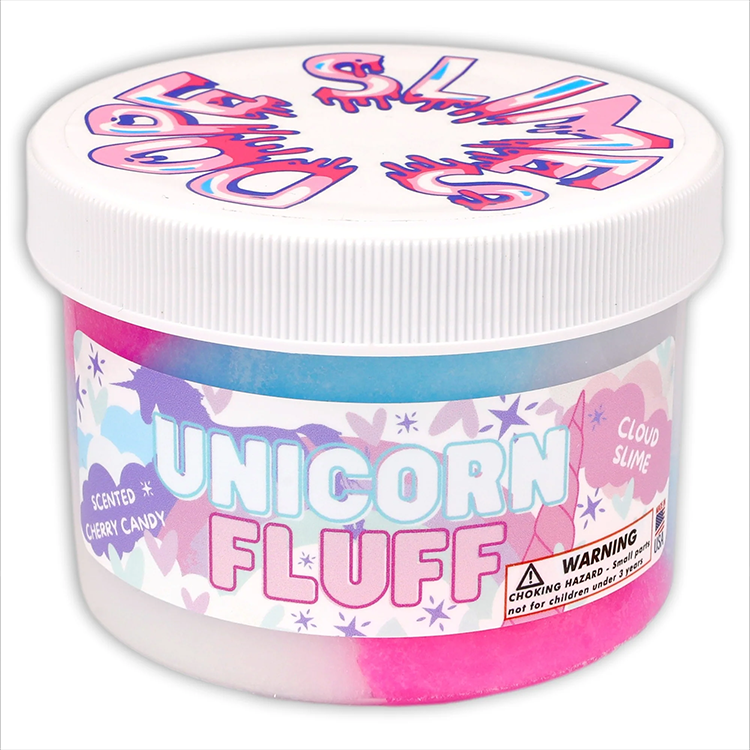 Dope Slimes Unicorn Fluff cherry candy scented cloud slime in pink, blue, and white tri-colored 8oz container