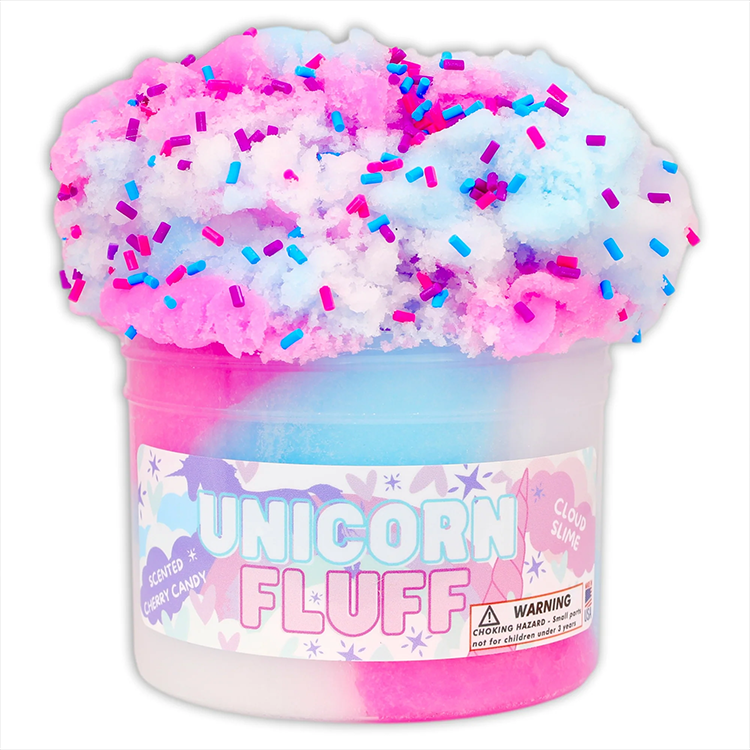 Dope Slimes Unicorn Fluff cherry candy scented cloud slime in pink, blue, white with colorful sprinkles in 8oz container