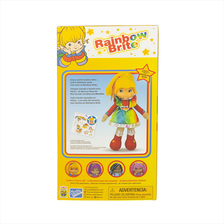 Rainbow Brite 12-inch dress-up plush doll in vibrant outfit by The Loyal Subjects, SDCC 2025 exclusive box.